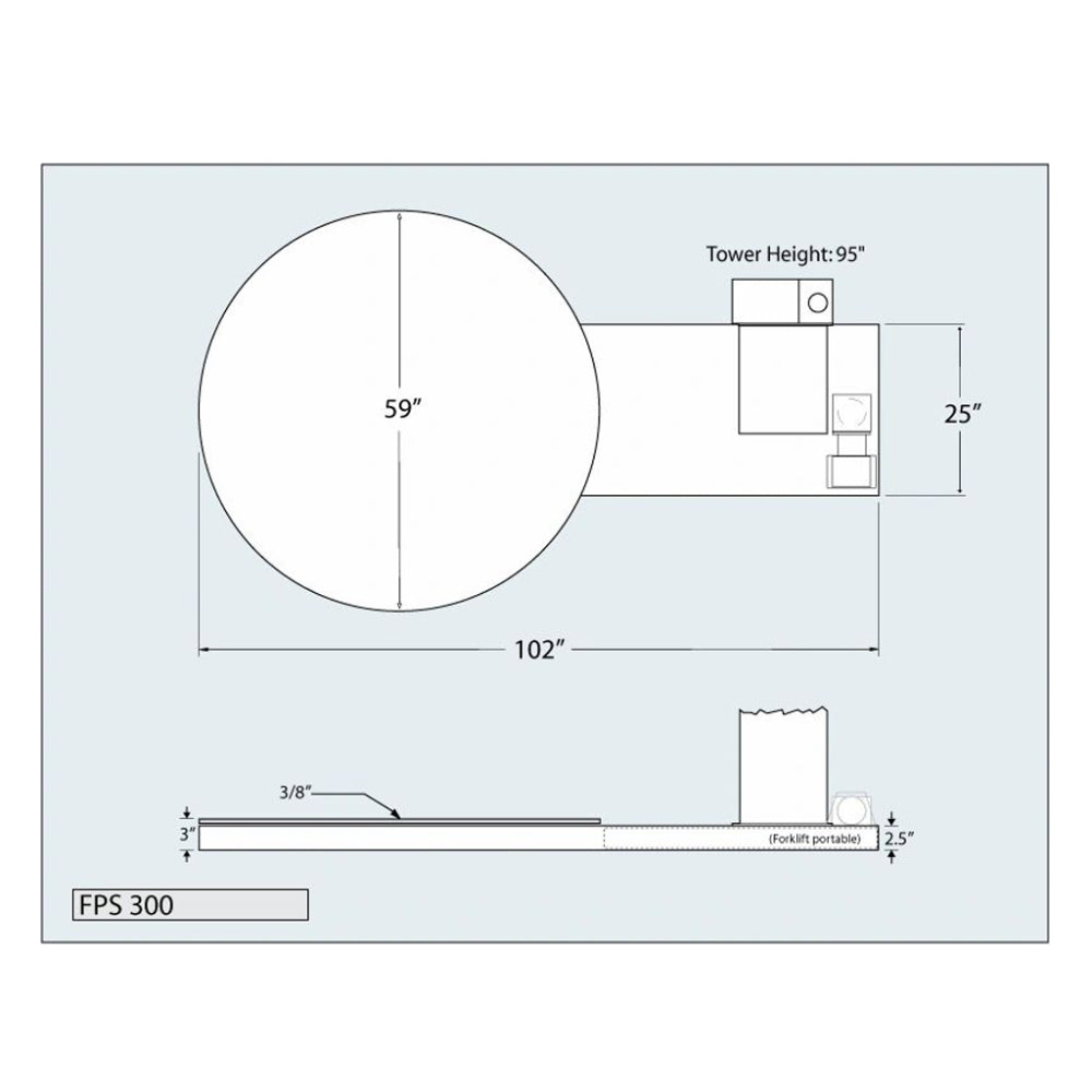 Technical engineering schematic diagram of the FPS 300 stretch wrap machine detailing the 59-inch turntable diameter, 102-inch total length, and 95-inch tower height