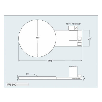 Technical engineering schematic diagram of the FPS 300 stretch wrap machine detailing the 59-inch turntable diameter, 102-inch total length, and 95-inch tower height
