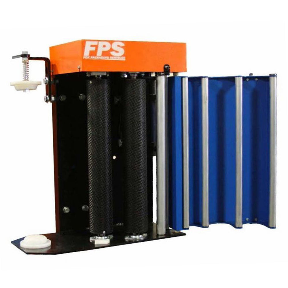 Close-up of a Fox Packaging Services pre-stretch film carriage assembly featuring an orange top cover, textured black rollers, and an open blue safety gate guard