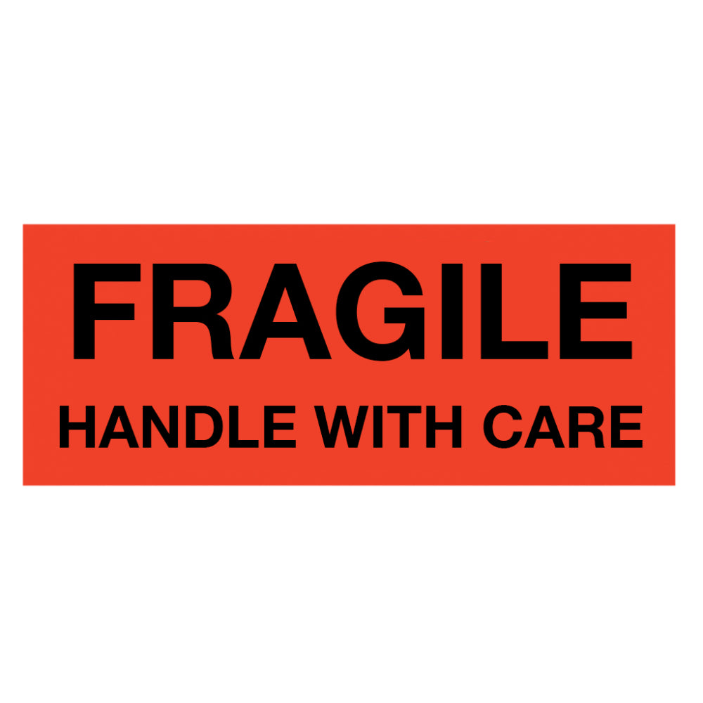 Fragile Handle With Care neon red and black shipping label, 2in x 5in, 500 per roll