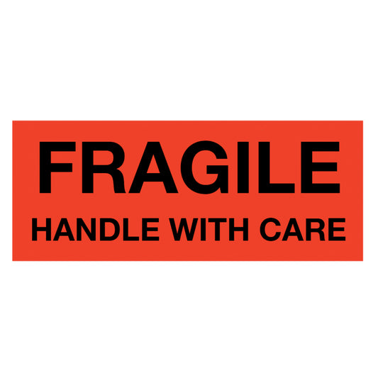Fragile Handle With Care neon red and black shipping label, 2in x 5in, 500 per roll
