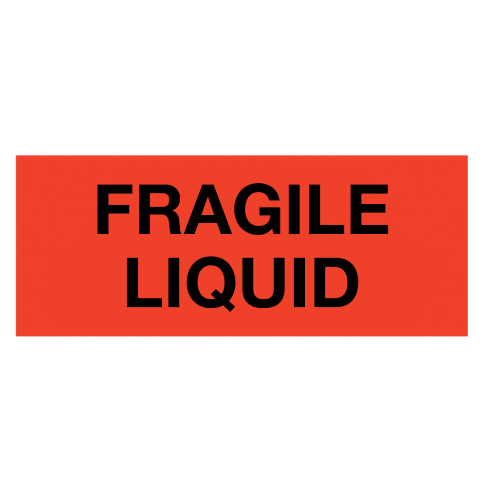 A single rectangular shipping handling warning label with a vibrant neon red background and bold black text reading FRAGILE LIQUID