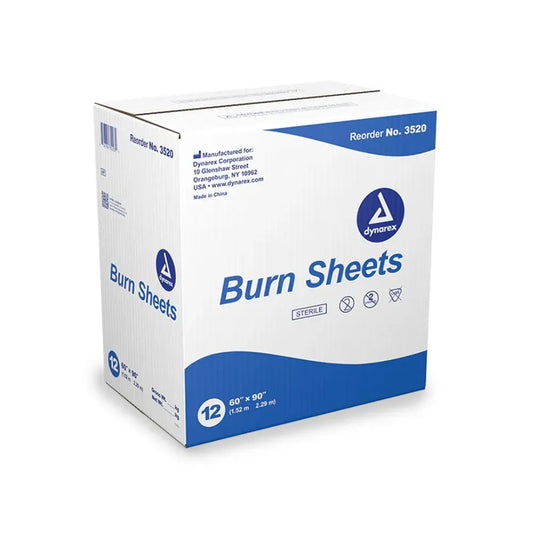 Bulk case of 12 Sterile FS06756 Burn Sheets by Dynarex, reorder No. 3520, designed for industrial first aid stations and emergency response vehicles.