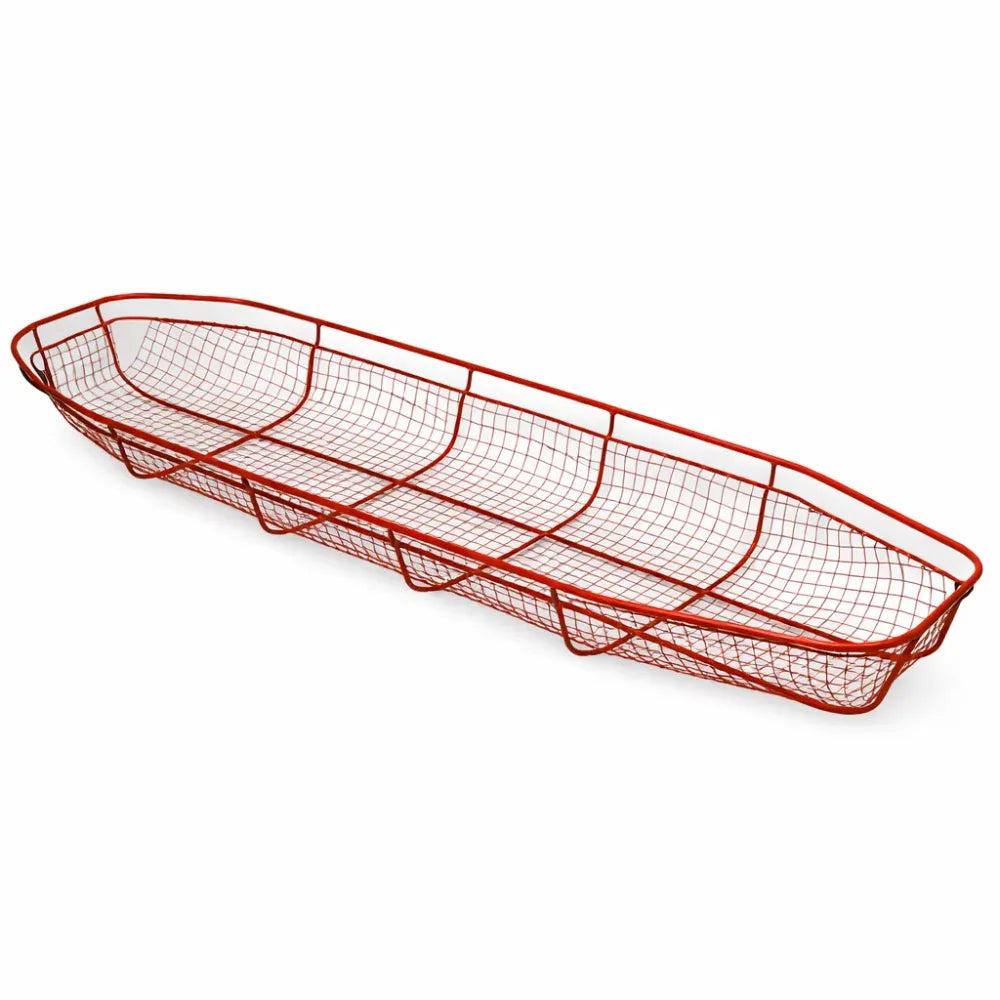 High-visibility orange First FSBASKET Aid Basket Stretcher featuring a reinforced frame, multiple grab handles, and internal patient restraint straps.