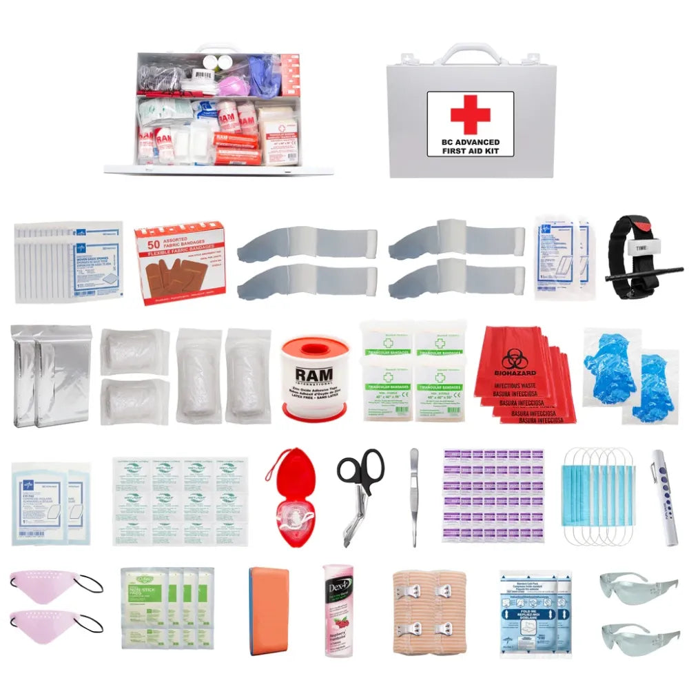 A wall-mountable B.C. Advanced Kit (FSBCADV-7FXM-NOO2) featuring a heavy-duty 7FXM metal case packed with Level 3 trauma supplies.