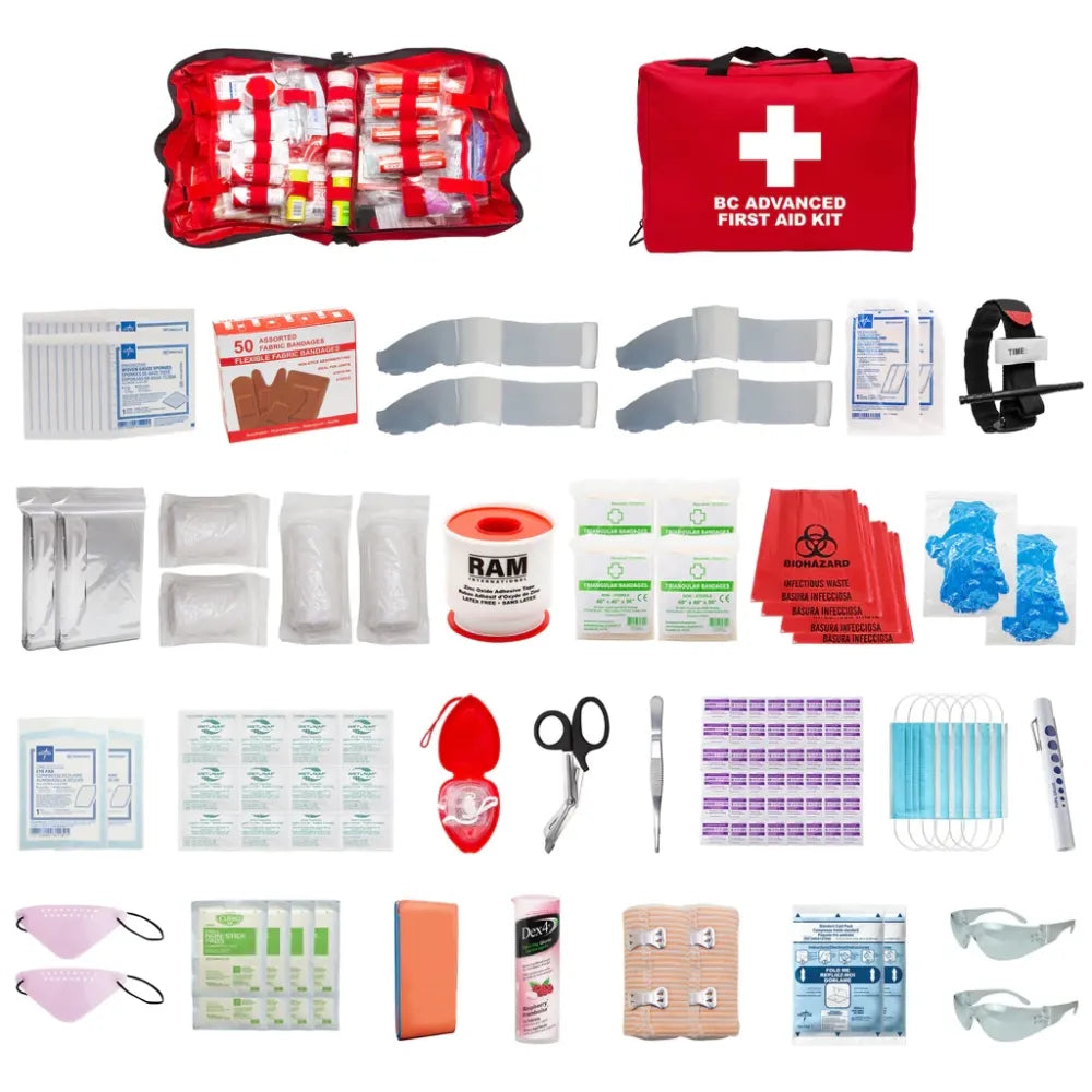 A professional B.C. Advanced Kit (FSBCADV-FSB2-NOO2) in a compact, red FSB2 nylon bag, featuring essential Level 3 trauma supplies for industrial use.