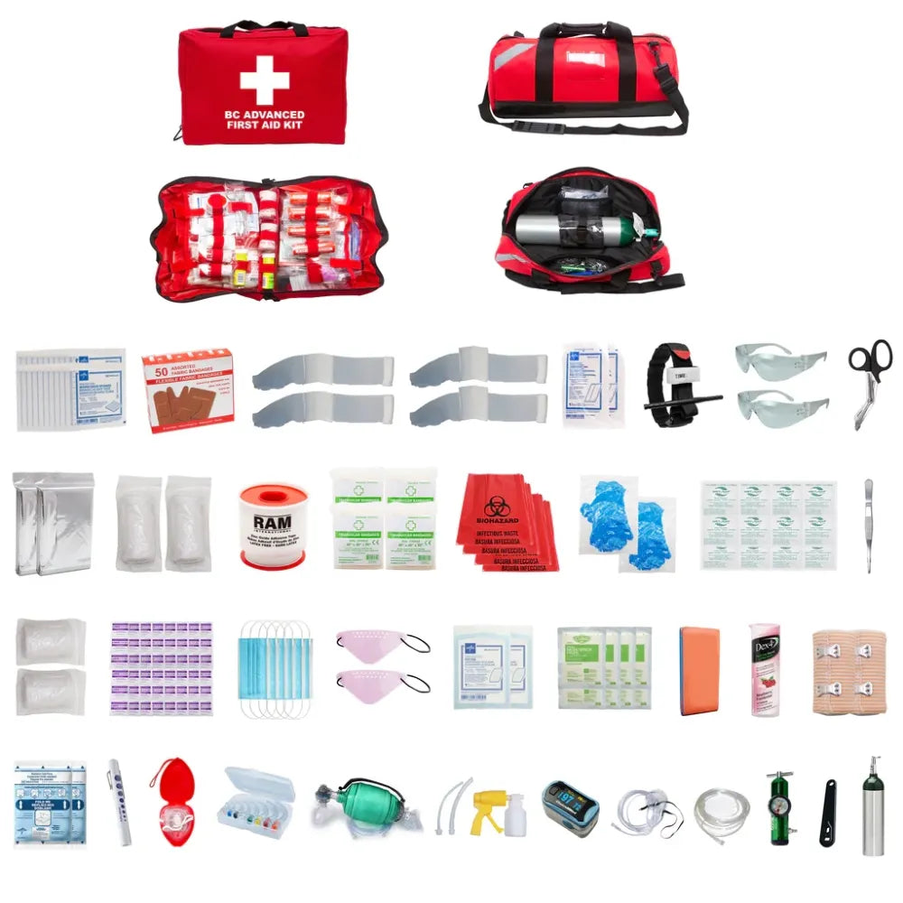 A professional B.C. Advanced Kit (FSBCADV-FSB25-O2) featuring high-capacity trauma bags integrated with an oxygen resuscitation therapy system.
