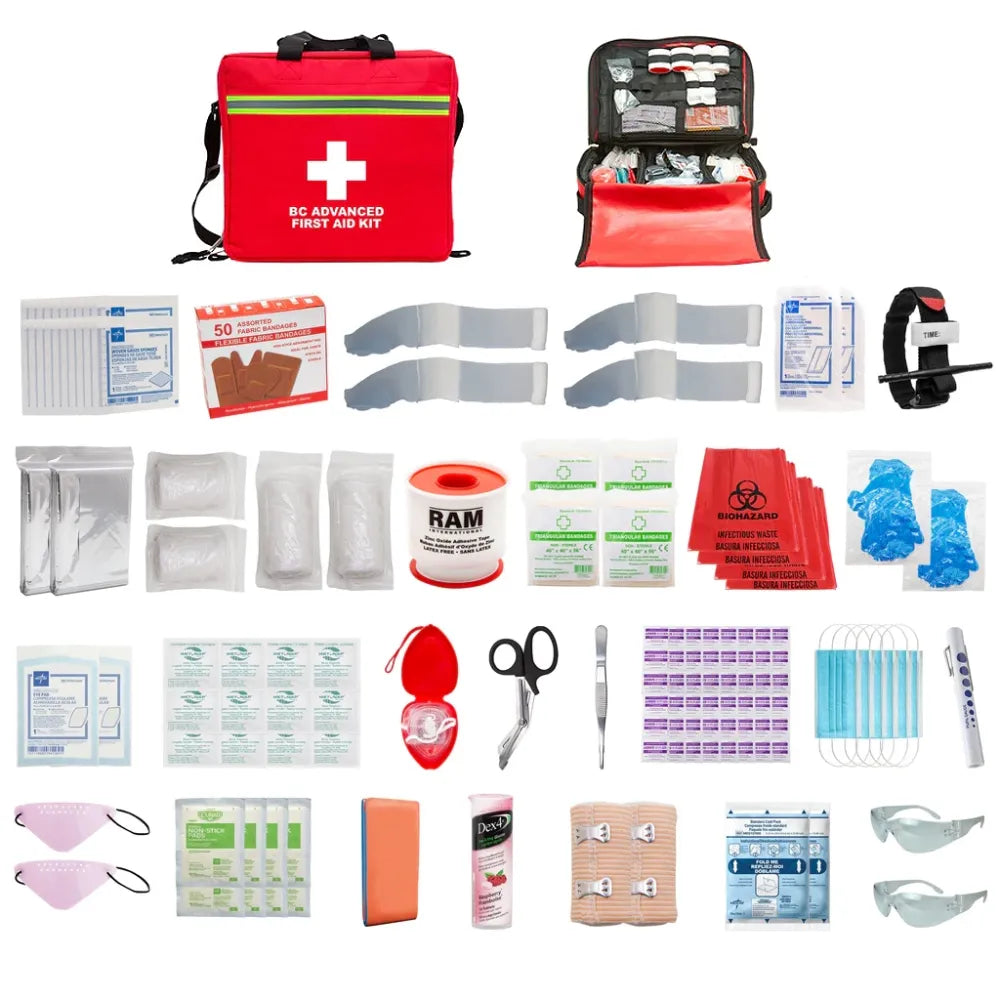 A professional B.C. Advanced Kit (FSBCADV-FSB4-NOO2) featuring a high-capacity, multi-compartment deluxe trauma bag in high-visibility red.
