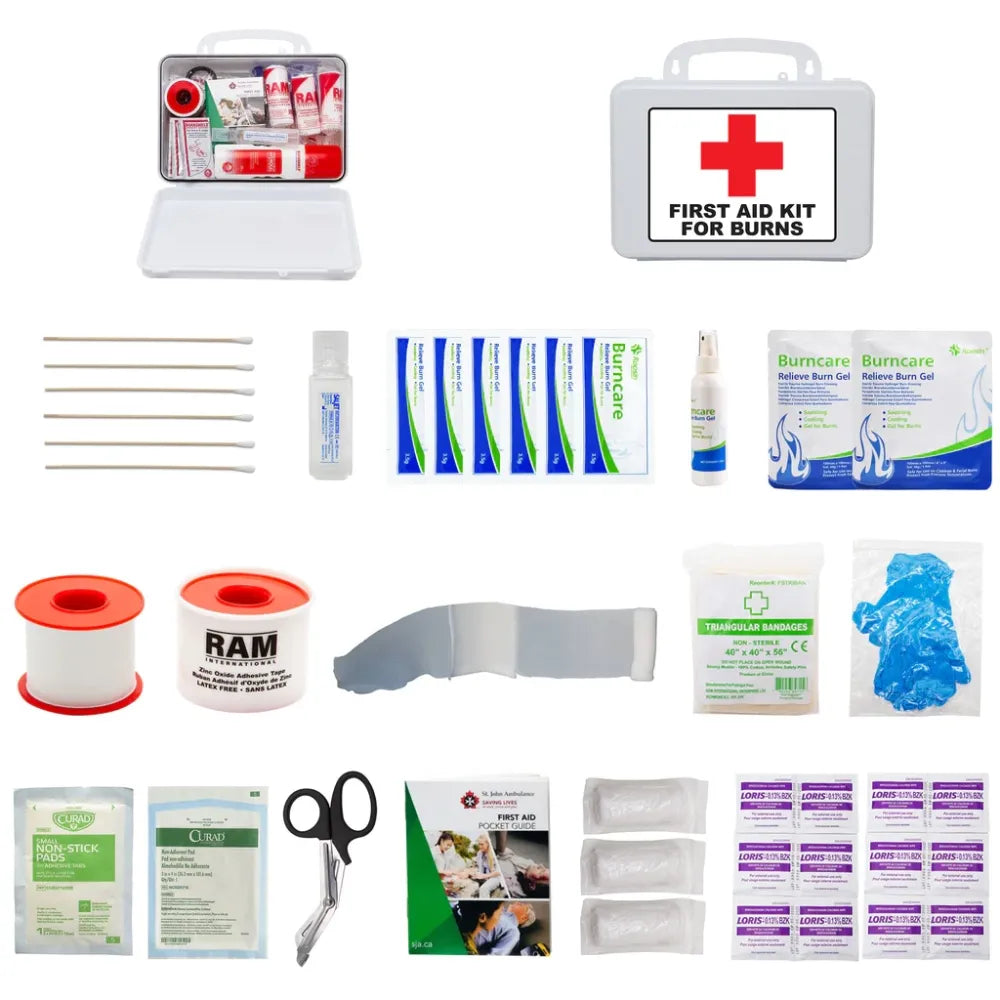 A wall-mountable 10-Unit Plastic Burn Kit (FSBKIT10UP) featuring specialized burn care treatments in a durable white plastic box.