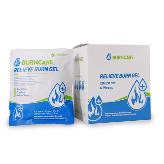 Box of 25 Burn FSBURNG35B25 Gel Packets, showing individual 3.5g sterile sachets designed for rapid cooling and soothing of minor burns and scalds.