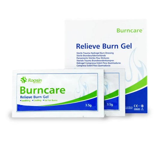 Box of 25 Burn FSBURNG35B25 Gel Packets, showing individual 3.5g sterile sachets designed for rapid cooling and soothing of minor burns and scalds.