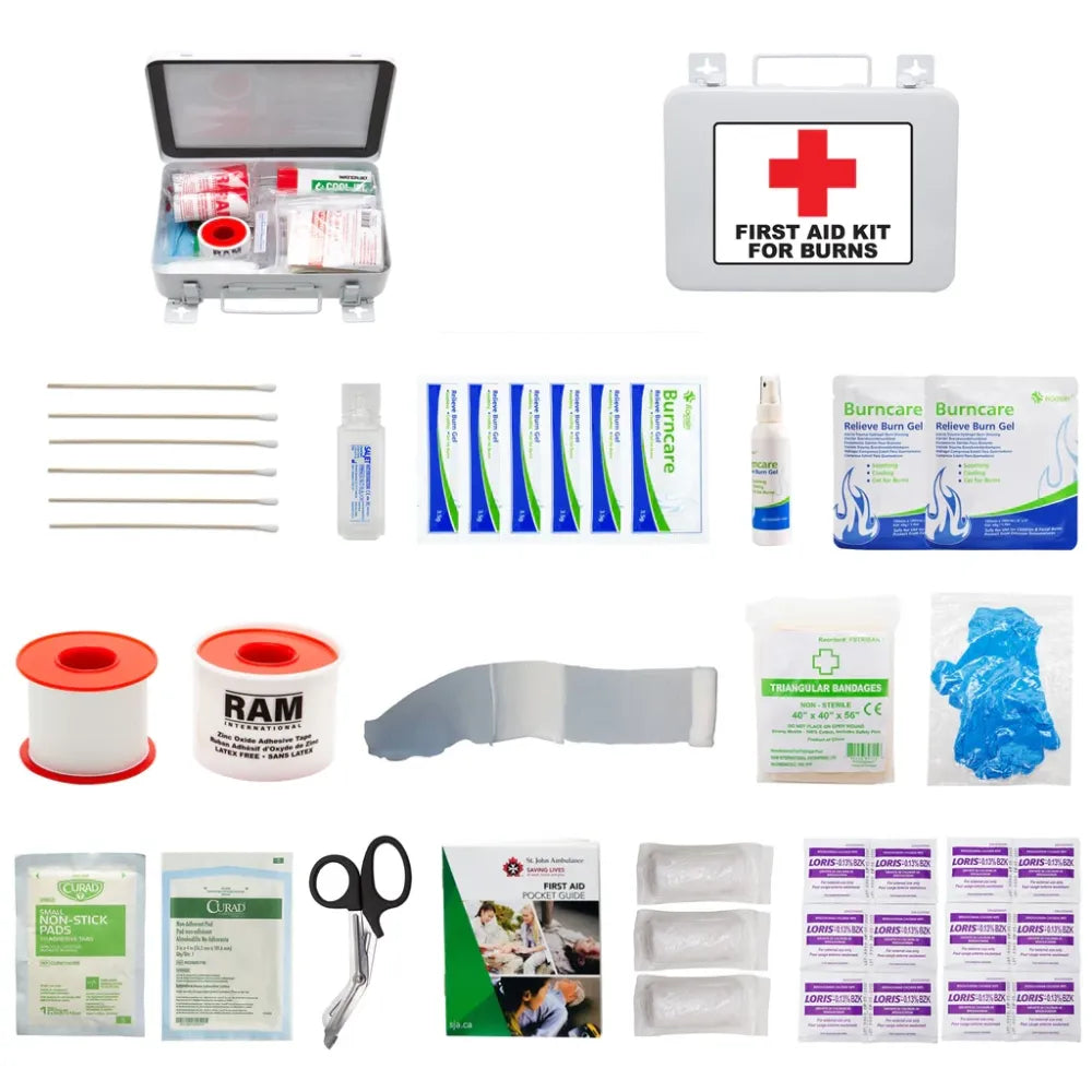 A wall-mountable 16-Unit Metal Burn Kit (FSBURNKIT16UM) featuring an organized selection of specialized burn dressings and cooling gels.