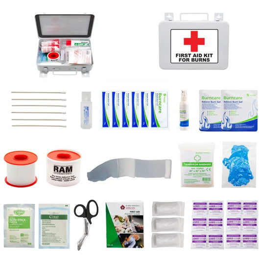 A wall-mountable 16-Unit Metal Burn Kit (FSBURNKIT16UM) featuring an organized selection of specialized burn dressings and cooling gels.
