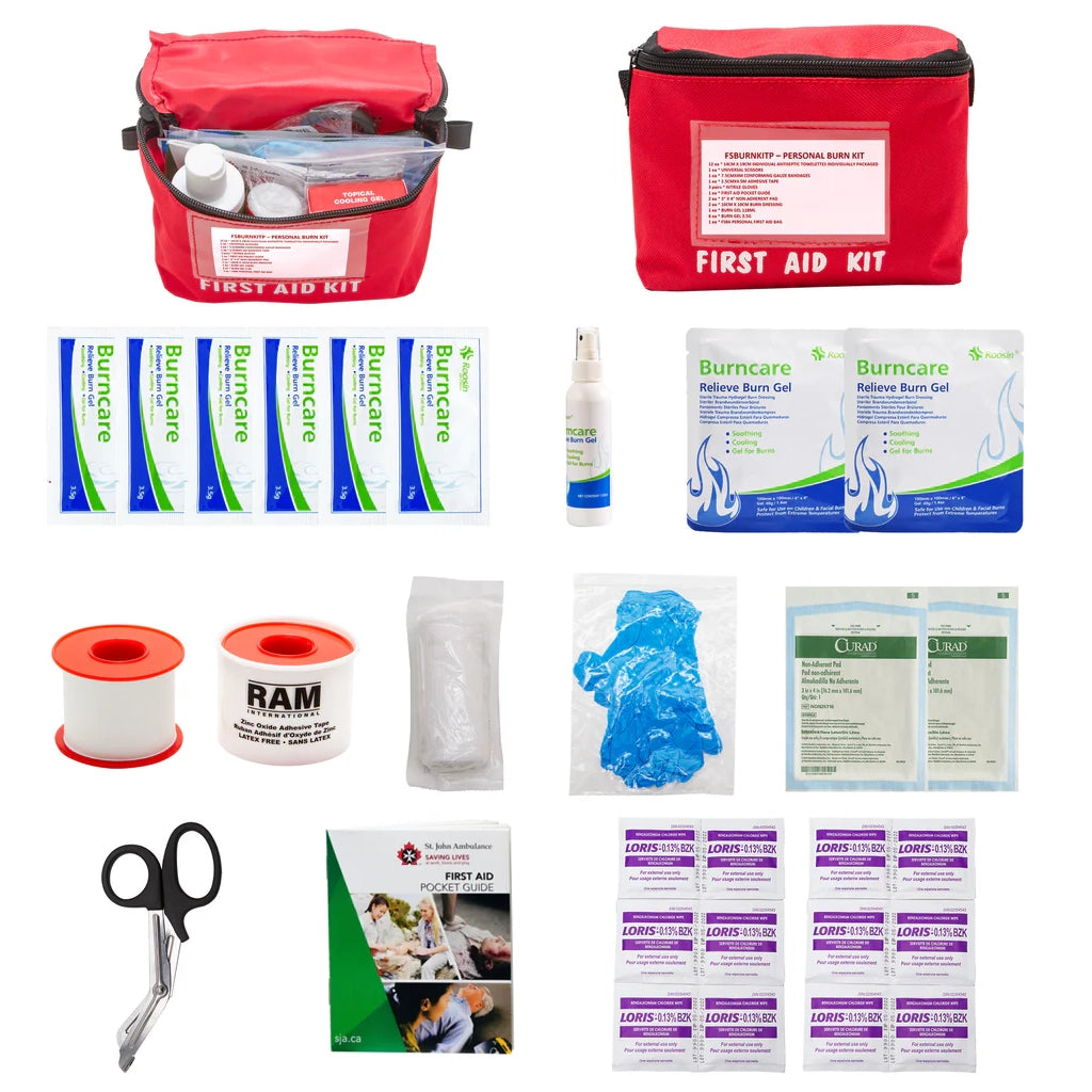 A compact red Personal Burn Kit (FSBURNKITP) in a zippered soft pack, featuring hydrogel dressings for immediate burn treatment.