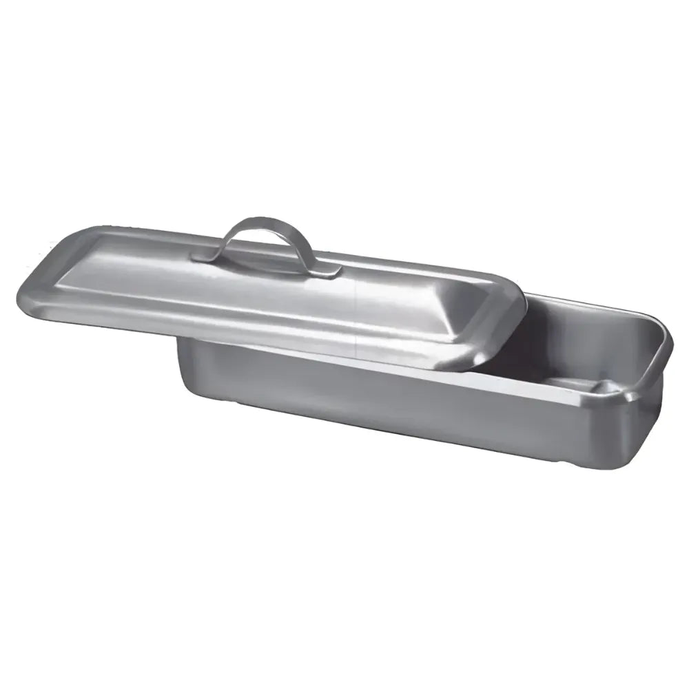Professional Cold FSCOLDTRAY Instrument Tray made of polished stainless steel, featuring a deep soaking tub and a matching handle-grip lid for surgical instrument disinfection.