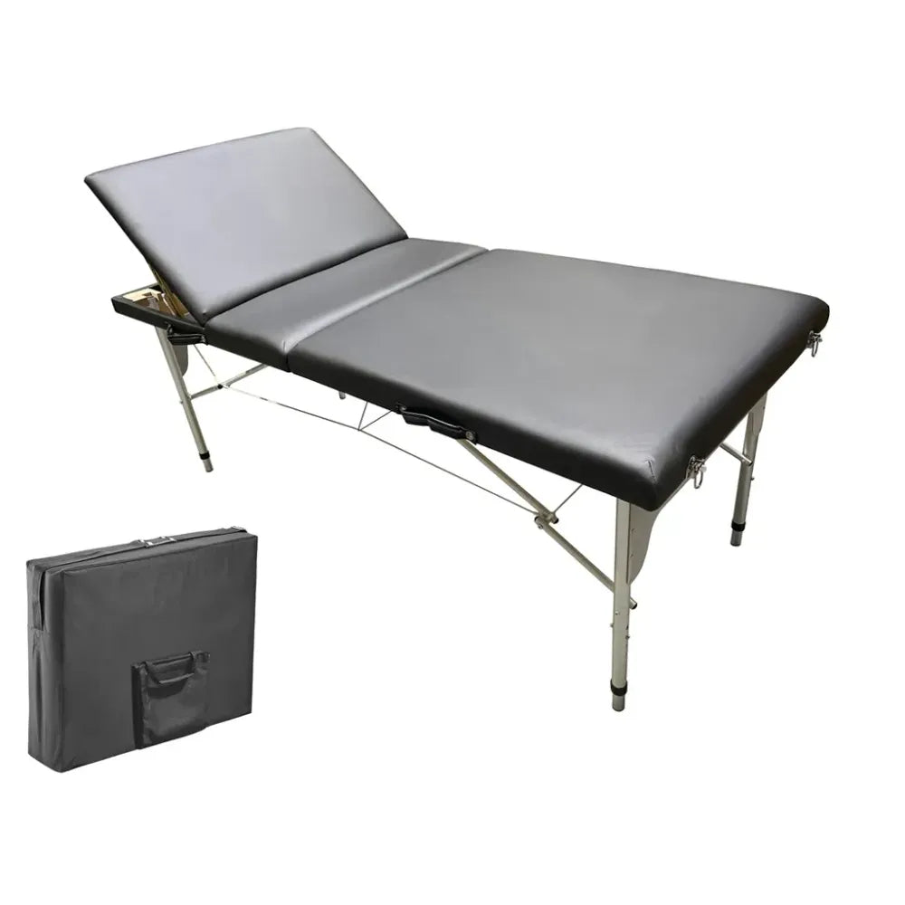 Black Foldable FSFABED First Aid Bed featuring a padded three-section surface, adjustable headrest, and a lightweight metal frame with a matching carrying case.