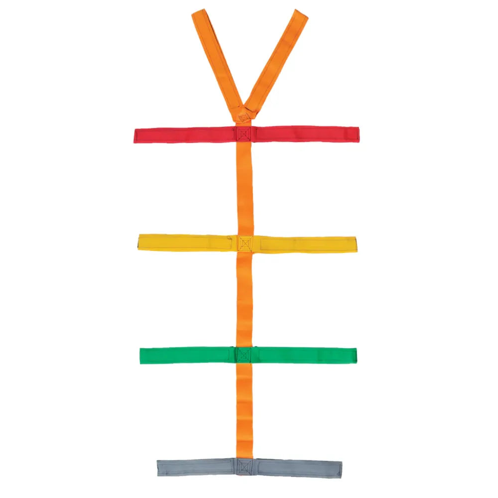 Professional Fast FSFASPIDER Strap Spider featuring a central orange spine strap with multi-colored (red, yellow, green, grey) horizontal Velcro cross-straps for 10-point immobilization.