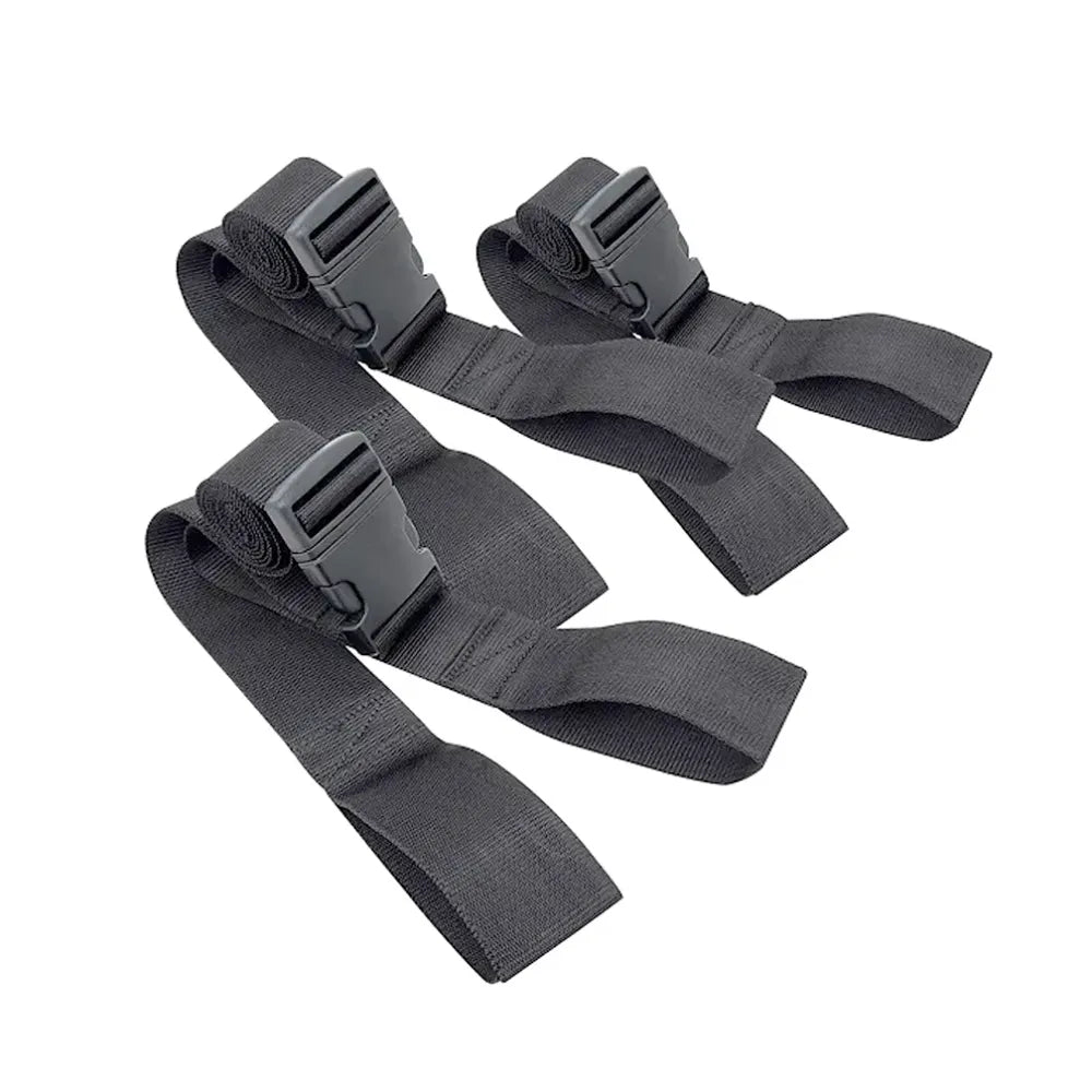 Set of three black Stretcher FSFASSPB6-3 Straps featuring 2-inch wide nylon webbing and quick-release side-squeeze plastic buckles.