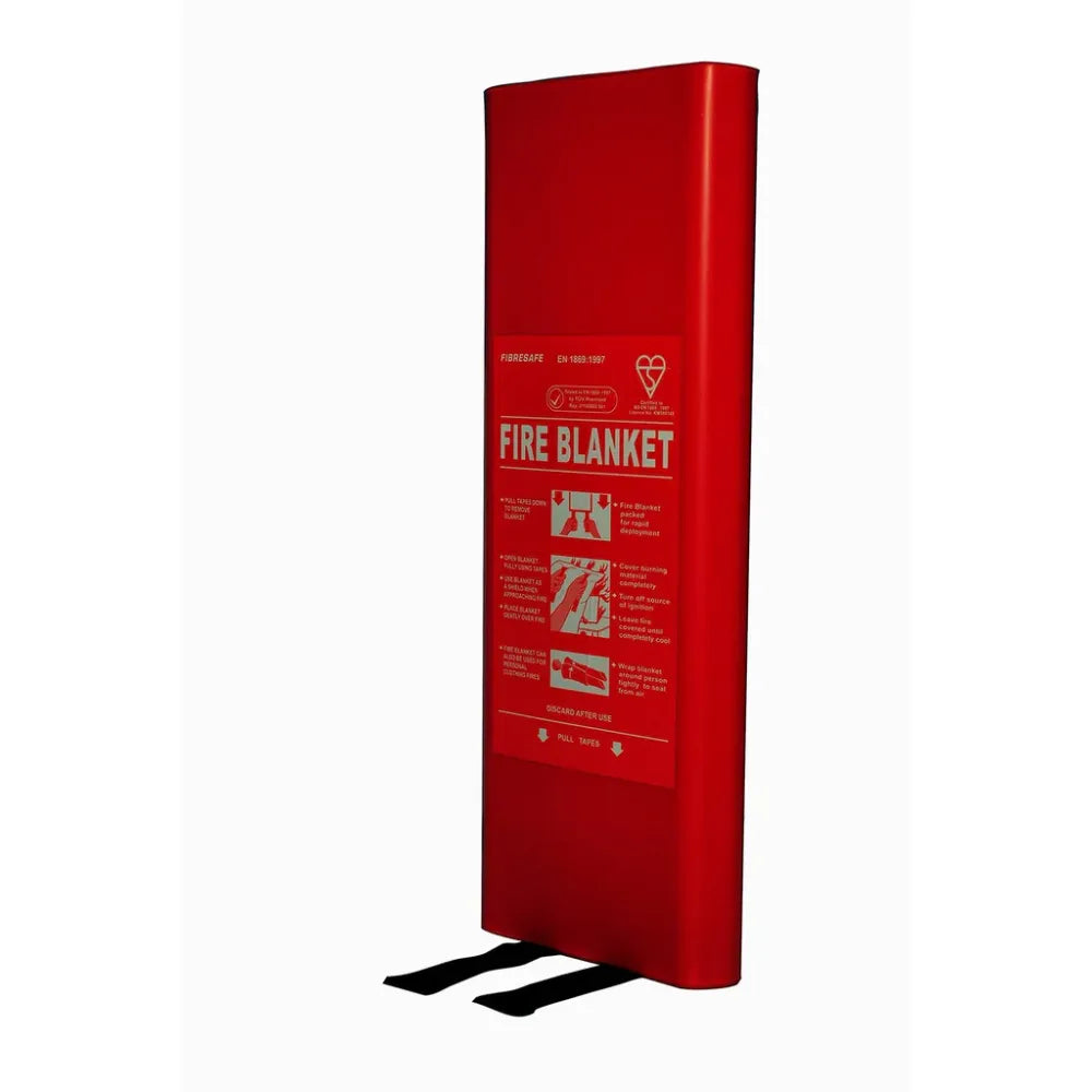 Professional FX FSFBLKTL Large Fire Blanket in a high-visibility red wall-mountable pouch, featuring quick-release pull tapes for rapid deployment.