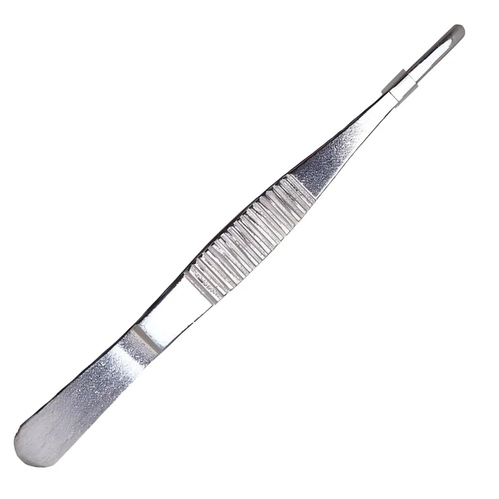 Polished Stainless Steel Forceps featuring a 6-inch frame, straight serrated jaws, and a textured non-slip handle for surgical precision.