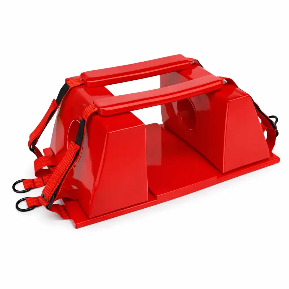 High-visibility red Head FSHDISB Immobilizer featuring a heavy-duty base plate, two adjustable side blocks with ear holes, and reinforced Velcro security straps.