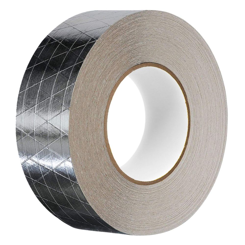 Roll of FSK7150a silver foil scrim kraft insulation tape displaying its reflective aluminum surface reinforced with a diamond grid fiberglass pattern on a white background.