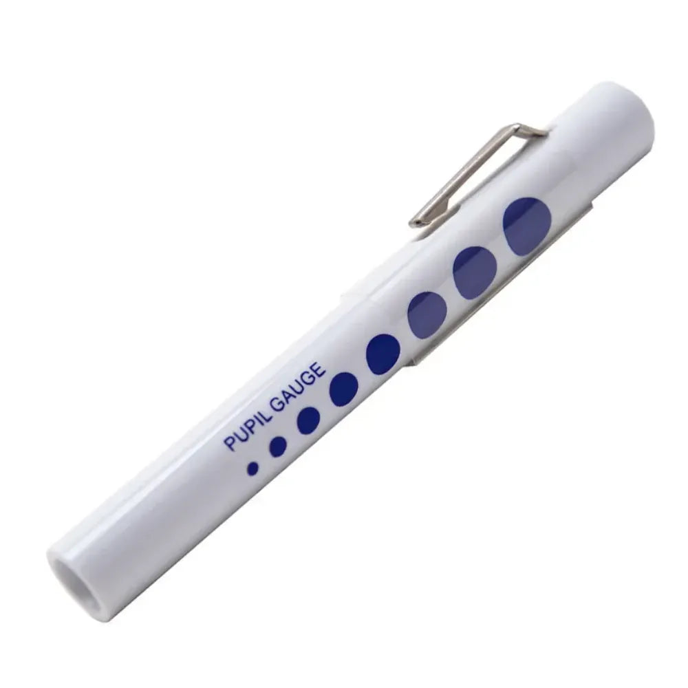 White disposable FSPENLIGHT diagnostic penlight featuring a printed blue pupil gauge, integrated metal pocket clip, and a pinpoint LED for medical examinations.