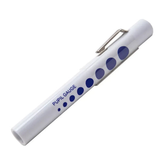 White disposable FSPENLIGHT diagnostic penlight featuring a printed blue pupil gauge, integrated metal pocket clip, and a pinpoint LED for medical examinations.
