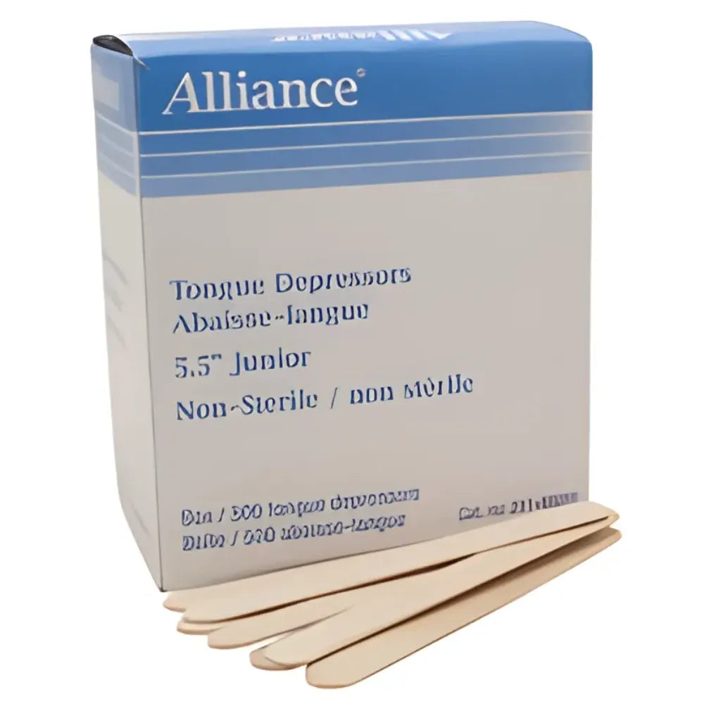 Box of Alliance brand FSTONGUED 5.5-inch junior tongue depressors, featuring non-sterile, high-quality wood blades with smooth rounded edges for medical exams.