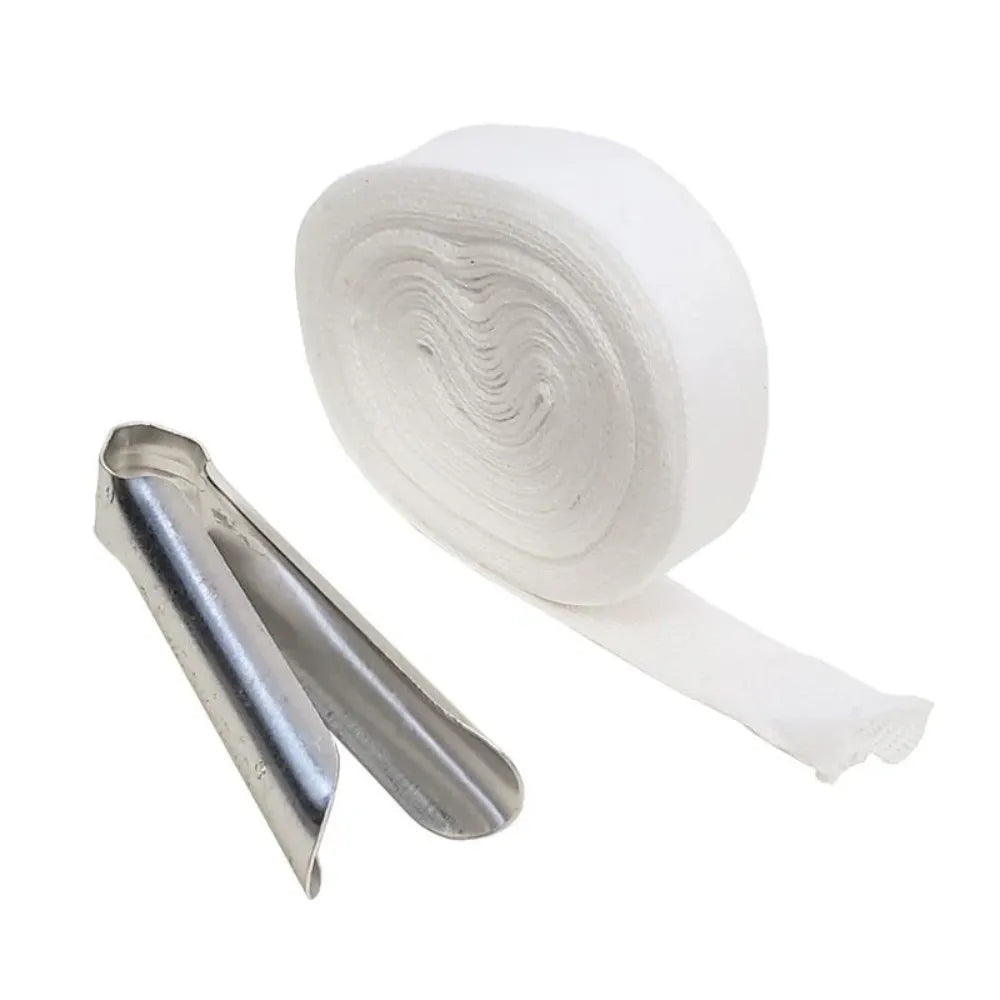 Tubular FSTUBEAPP finger bandage kit featuring a white cotton gauze roll and a durable metal applicator tool for easy, non-contact medical dressing.