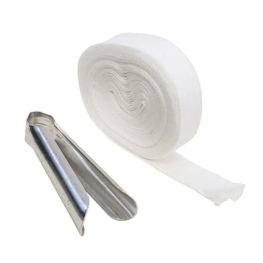 Tubular FSTUBEAPP finger bandage kit featuring a white cotton gauze roll and a durable metal applicator tool for easy, non-contact medical dressing.