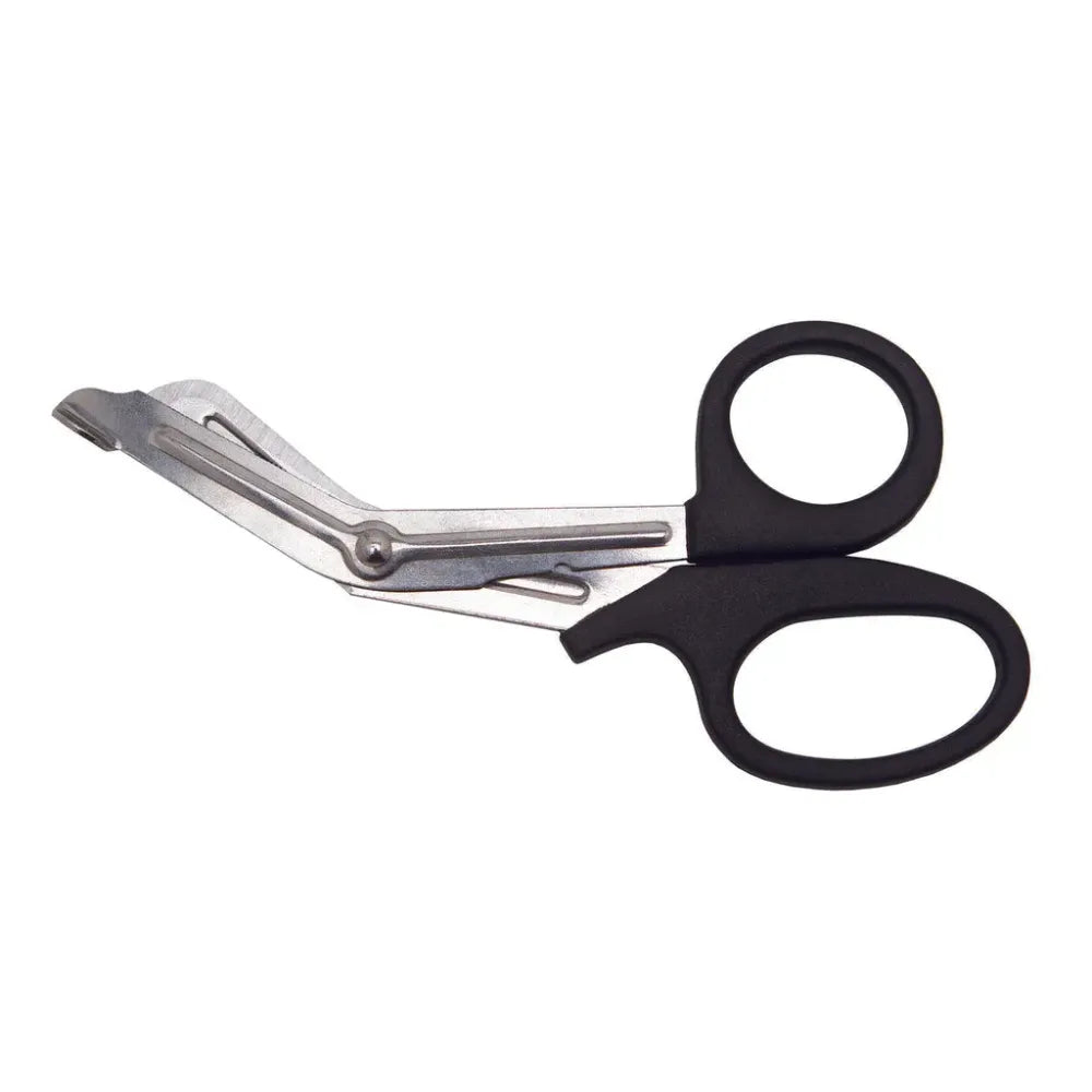 7-inch Universal FSUNISCI Scissors featuring an angled stainless steel blade design, a safety blunt tip, and ergonomic black plastic handles for trauma and utility use.