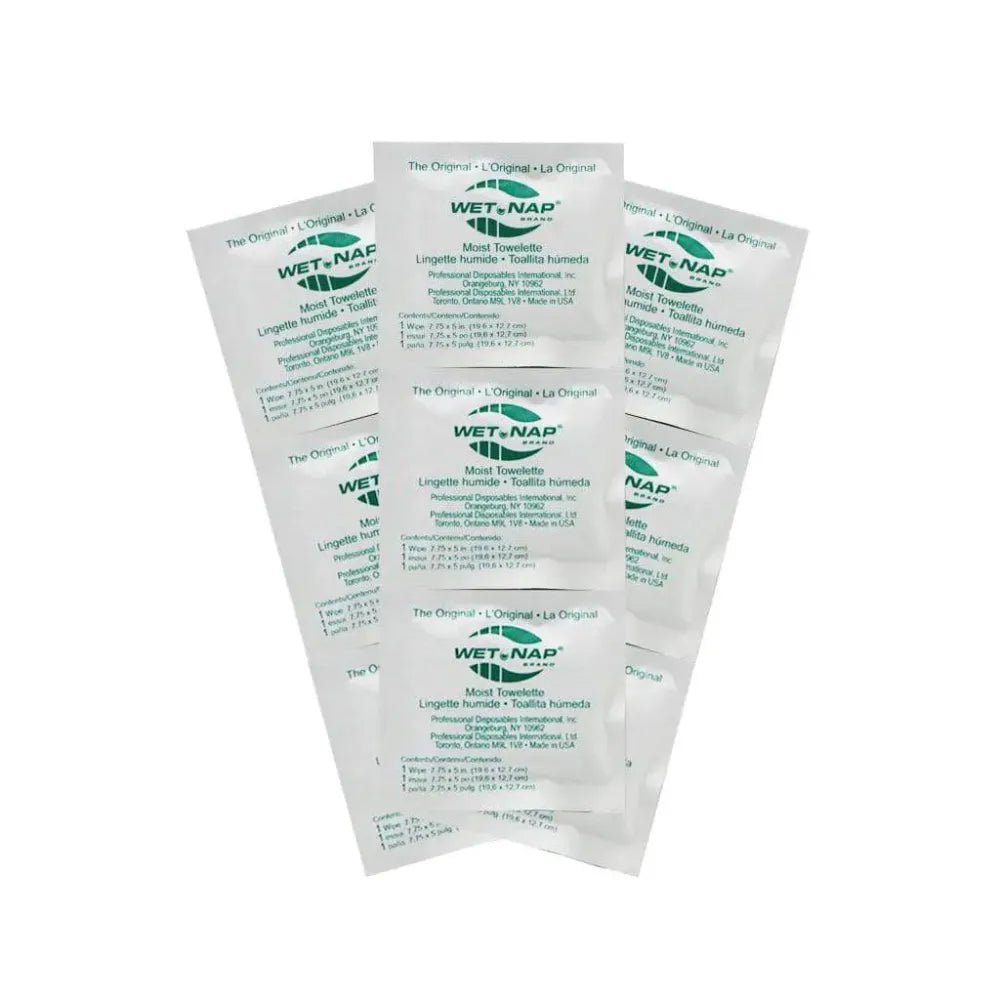 Individually sealed Moist Towelette (FSWETNAP) designed for quick, hygienic hand and face cleansing in clinical or personal settings.