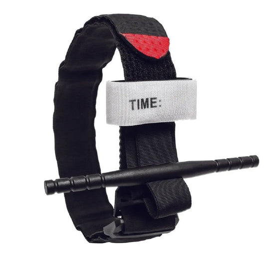 Black Windlass FSWTNQT Style Tourniquet featuring a reinforced windlass rod, high-tension nylon strap, and a white time-recording label for emergency hemorrhage management.