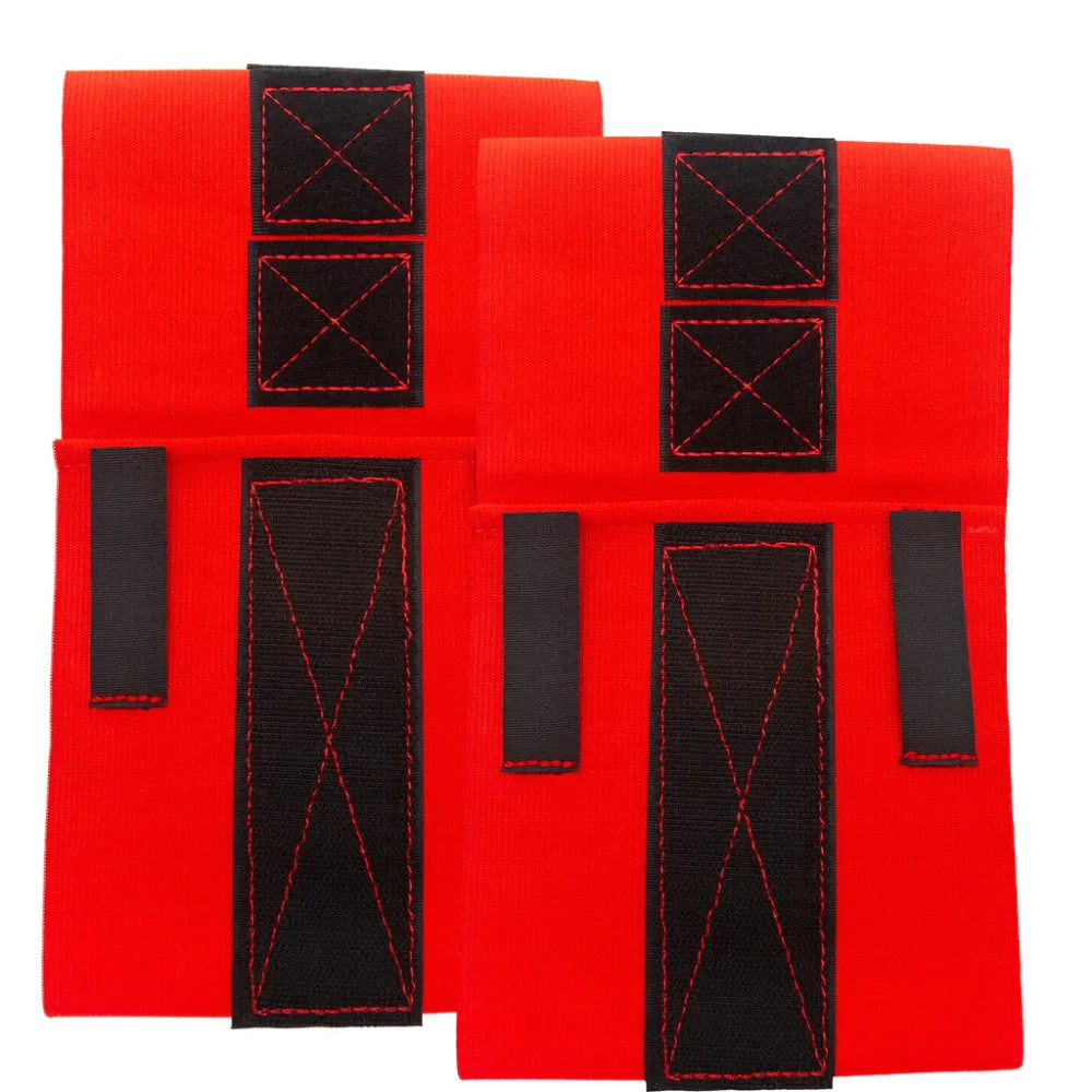 Two high-visibility orange Quick FSZSTRAP fracture straps, 6x20 inches, featuring heavy-duty elastic nylon and reinforced Velcro stitching for medical limb stabilization.