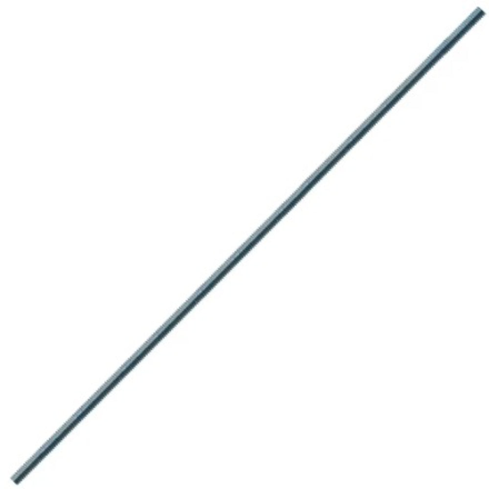 A full-length view of a silver-toned metal threaded rod used for structural fastening and hardware applications