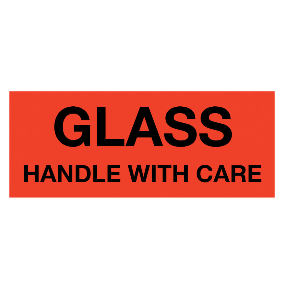 A single rectangular shipping handling warning label with a vibrant neon red background and bold black text reading GLASS HANDLE WITH CARE