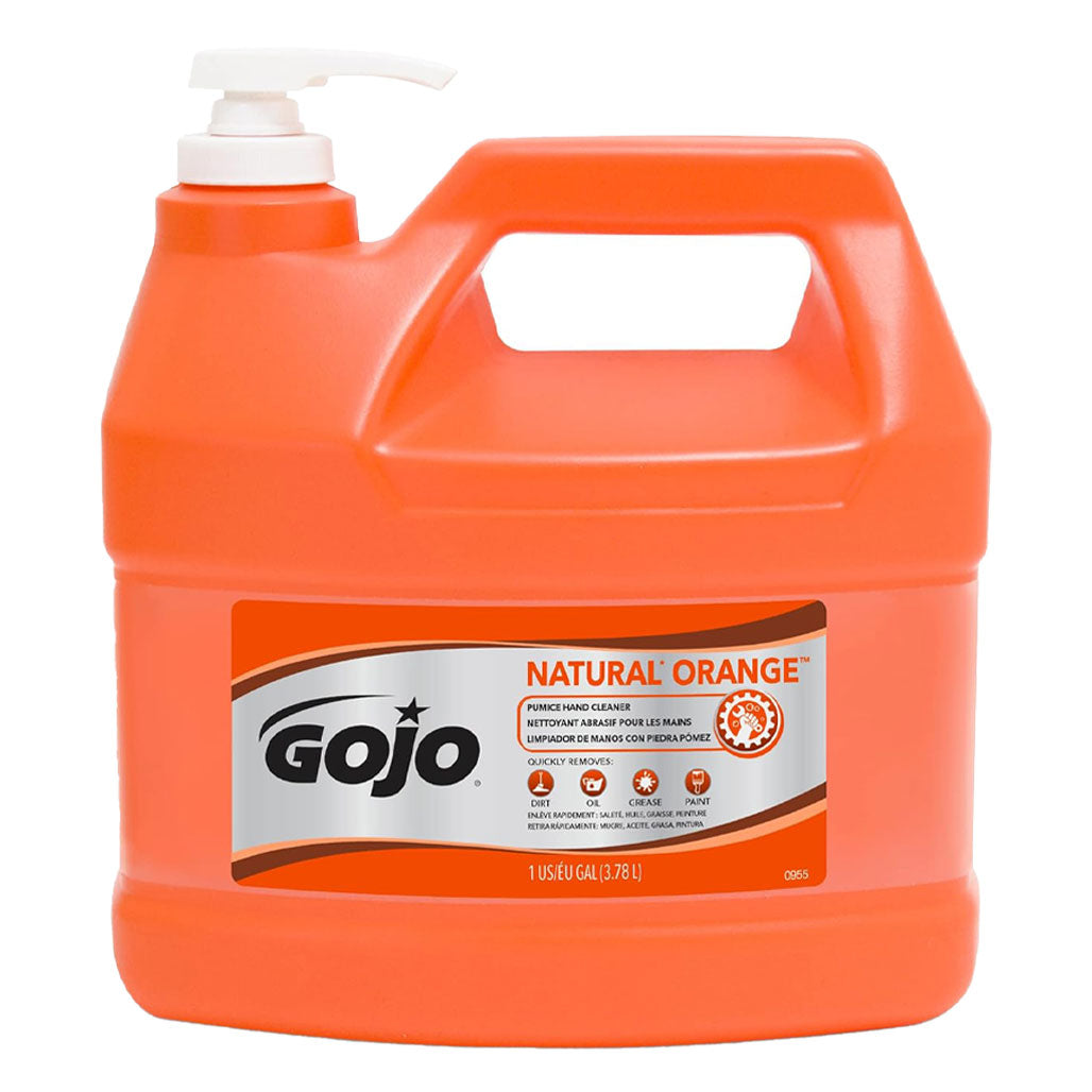Front view of GOJO Natural Orange Pumice Hand Cleaner in a 1 gallon (3.78 L) orange jug with a white dispensing pump.