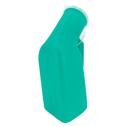 Side view of the translucent plastic male urinal bottle, showing the clear fluid volume graduation markings and structural handle.
