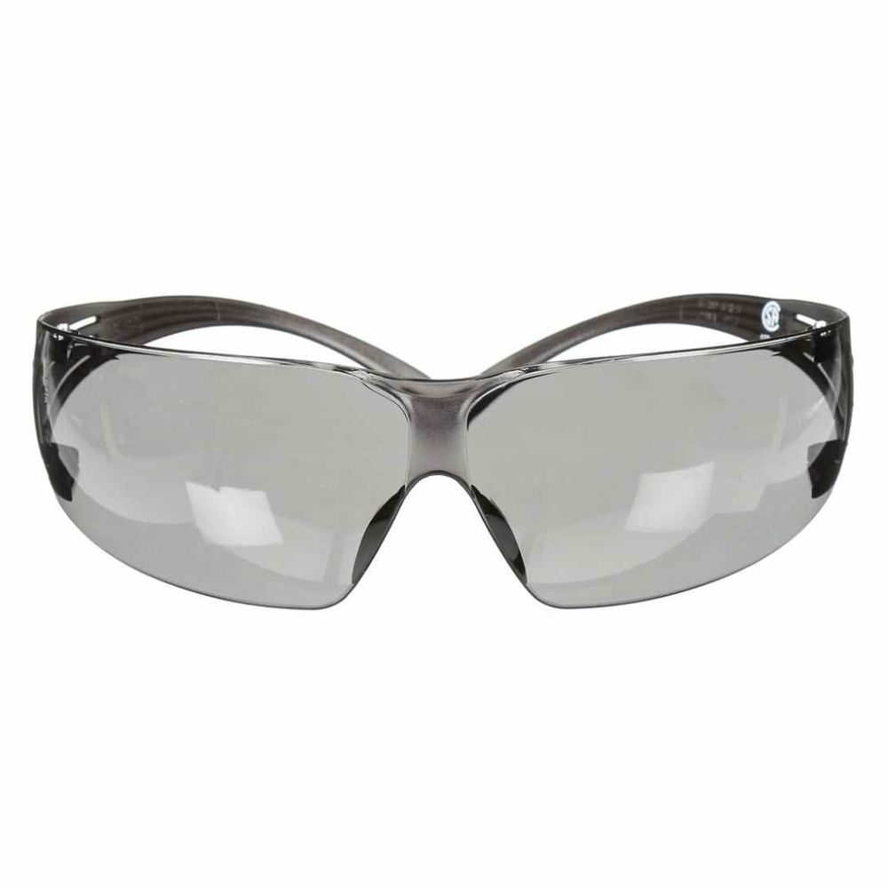 Front view of gray lens outdoor safety glasses with an impact-resistant rimless design and comfortable molded nose bridge.
