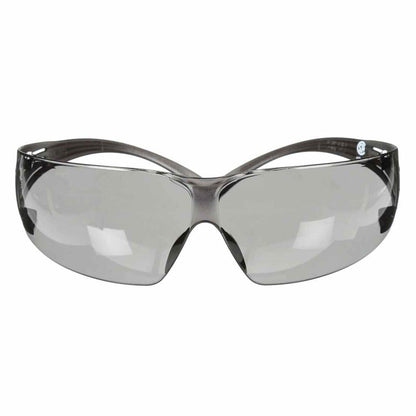 Front view of gray lens outdoor safety glasses with an impact-resistant rimless design and comfortable molded nose bridge.
