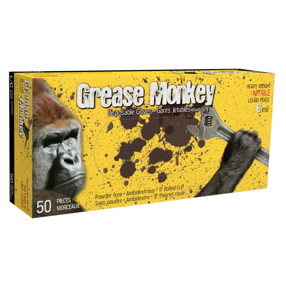 Grease Monkey heavy-weight 8mil black nitrile disposable gloves box, powder-free, large, 50-count