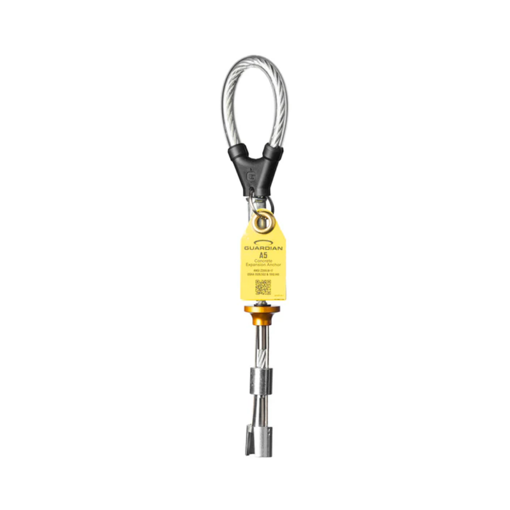 Guardian A5 Concrete Expansion Anchor Front View with Cable Loop and Yellow Label