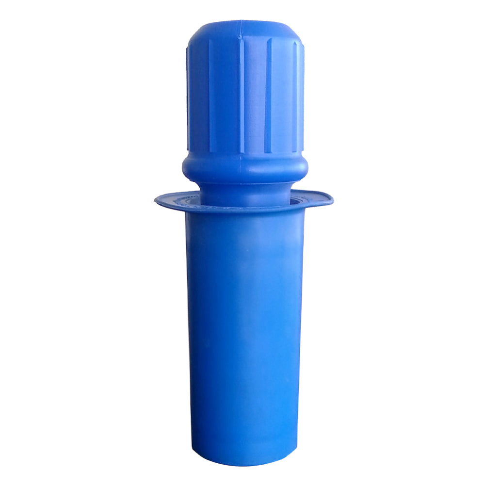 A single handheld blue plastic stretch film core insert dispenser featuring a ribbed grip handle and a wide safety flange collar isolated on a white background