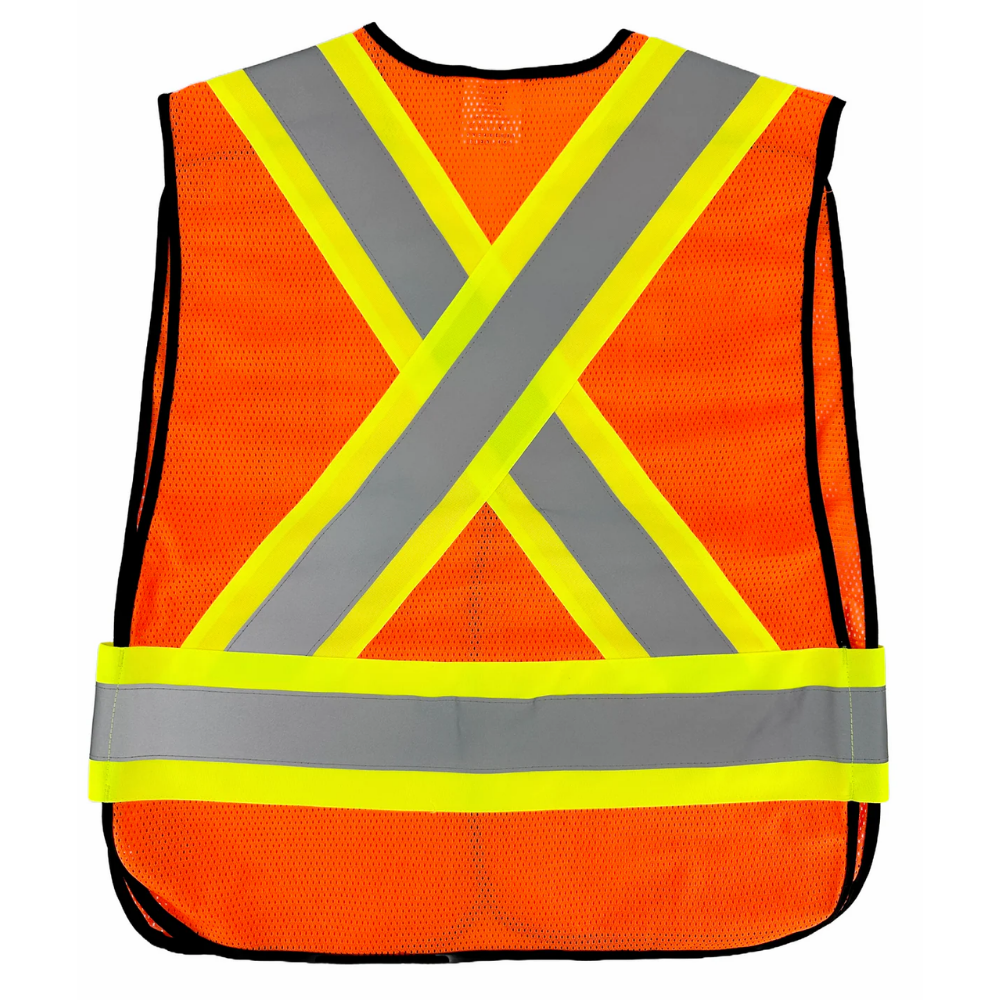 : Hi-vis orange mesh traffic safety vest front view with yellow and grey reflective strips