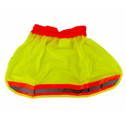 Hi-vis yellow hard hat neck shade back view with orange and grey reflective strip
