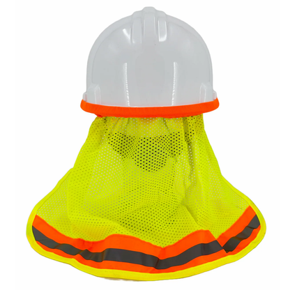  Hi-vis yellow hard hat sun neck shade side view with orange and grey reflective stripe
