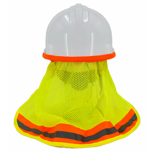  Hi-vis yellow hard hat sun neck shade side view with orange and grey reflective stripe
