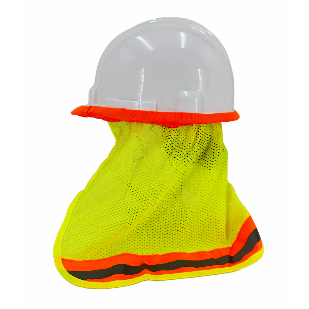  Hi-vis yellow hard hat sun neck shade side view with orange and grey reflective stripe
