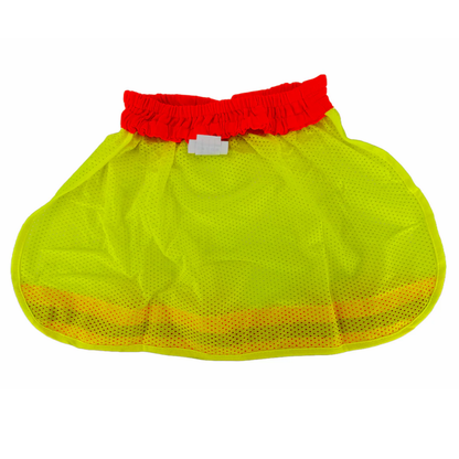 Hi-vis yellow mesh hard hat neck shade front view with red elastic band